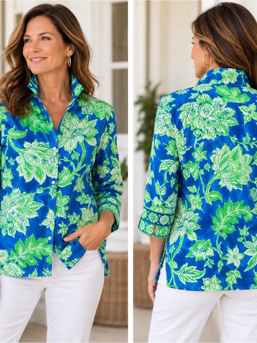 Gretchen Scott Blue Green Floral Cotton Button Down Tunic Top Size S